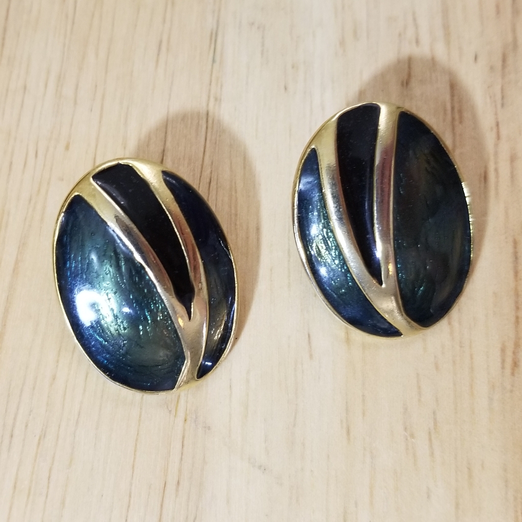 Vintage 1980s Green And Black Enamel Earrings
